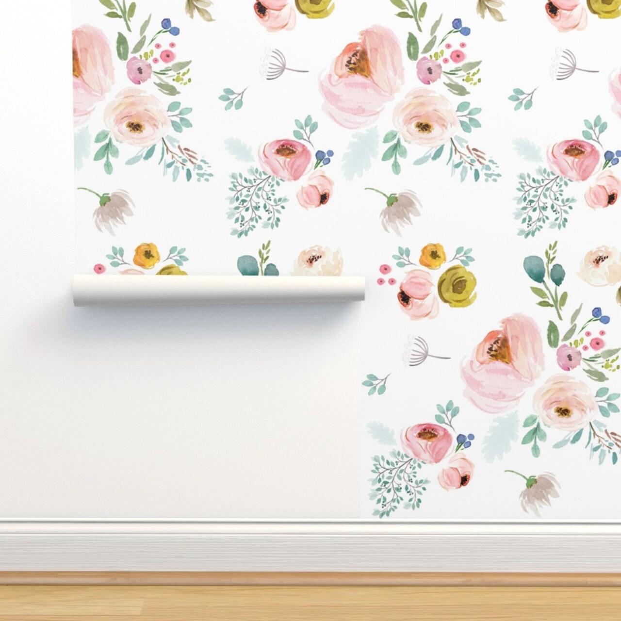 Love Space Florals Floral Watercolor Roses Garden Botanical Girl Pastel Colors Flowers Spring Boho Custom Removable Wallpaper by Spoonflower Peel & Stick Wallpaper 2FT Wide
